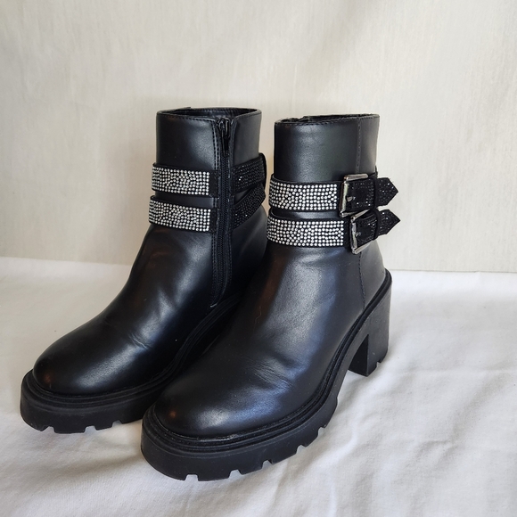 Steve Madden Women's Boots Black Belted Crystal Studded. Size 5M steampunk. - Picture 3 of 7